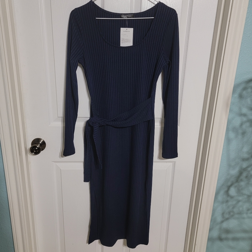 NWT PrettyGarden Blue Long Sleeve Sweater Dress with Tie Waist Women's Size S